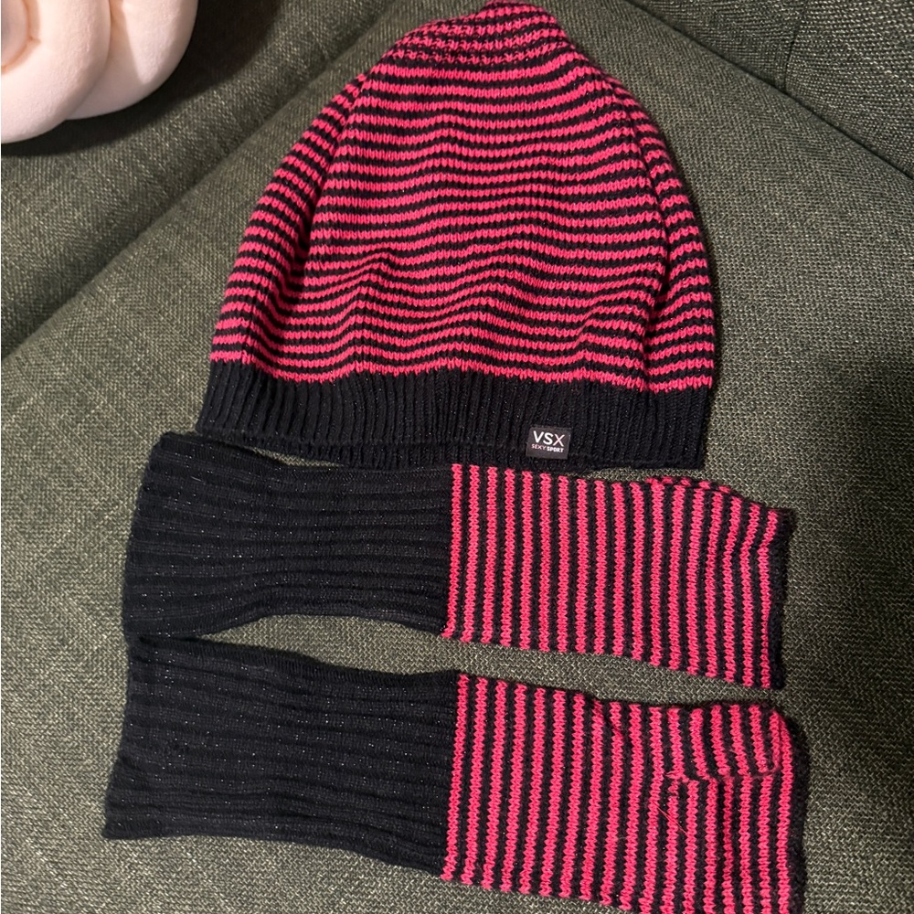 VSX Pink and Black Striped Beanie and Gloves